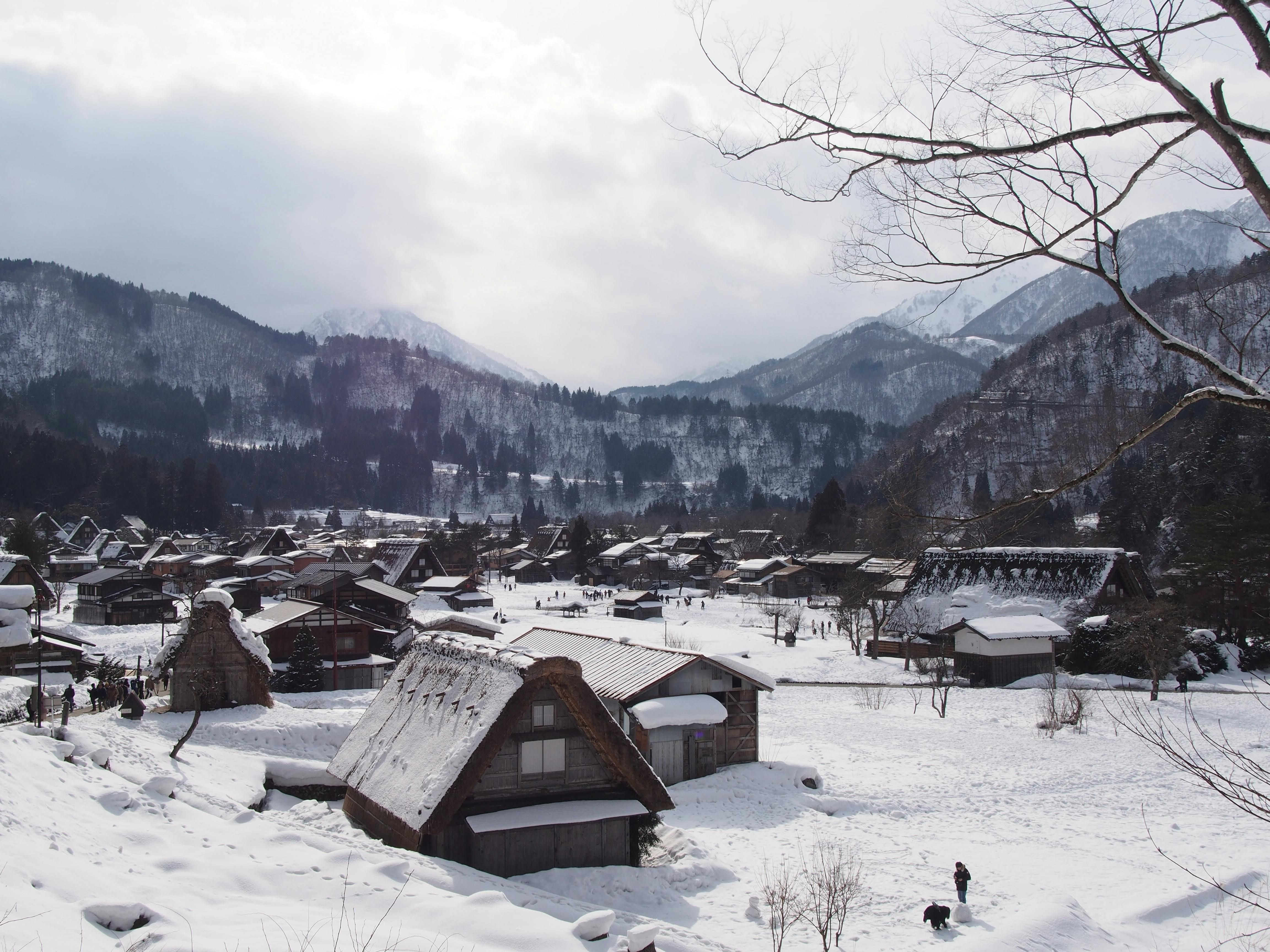 Vue du village de Shirakawago en hiver sous la neige.