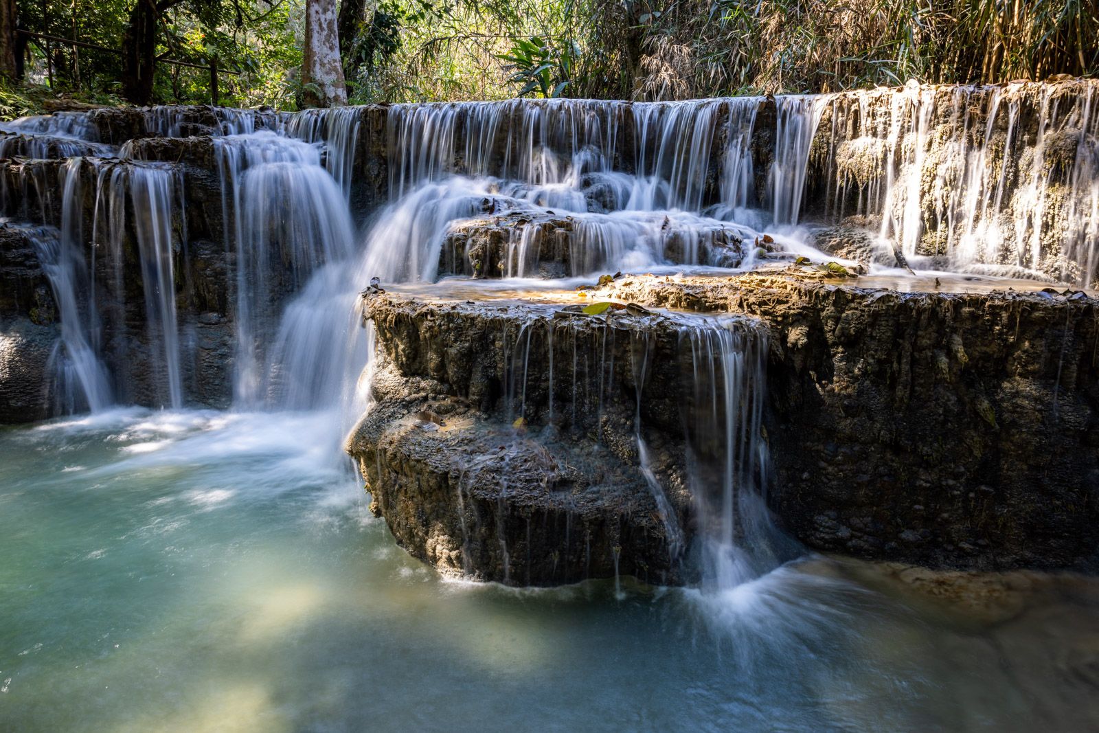 Voyage au Laos — les trois niveaux des cascades de Kuang Si avec zones de baignade et piscines naturelles