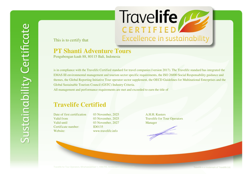 Travelife-Zertifikat von PT Shanti Adventure Tours
