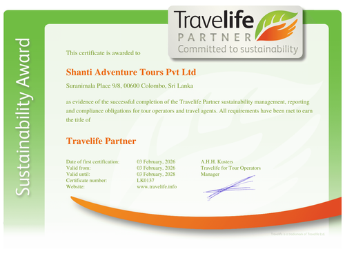 Travelife-Zertifikat von Shanti Adventure Tours Pvt Ltd, Sri Lanka
