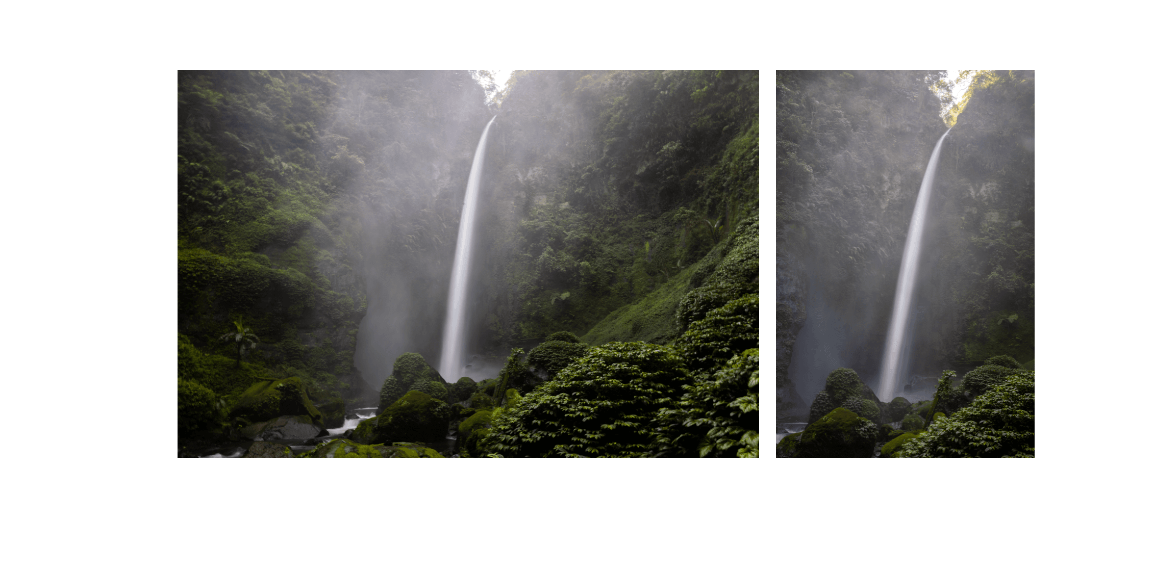 Voyage en Indonésie - Cascade Coban Pelangi puissante et élégante contre les falaises verdoyantes