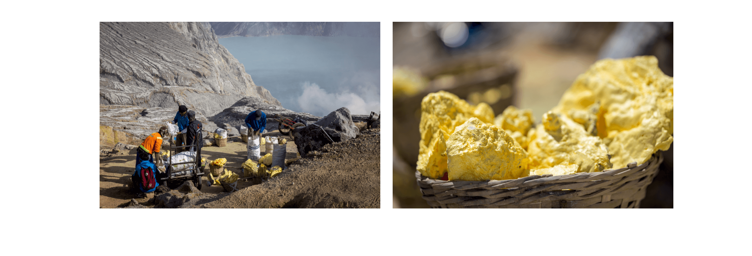 Voyage en Indonésie - blocs de soufre jaune vif extraits des fumerolles du Mont Ijen Voyage en Indonésie - blocs de soufre jaune vif extraits des fumerolles du Mont Ijen