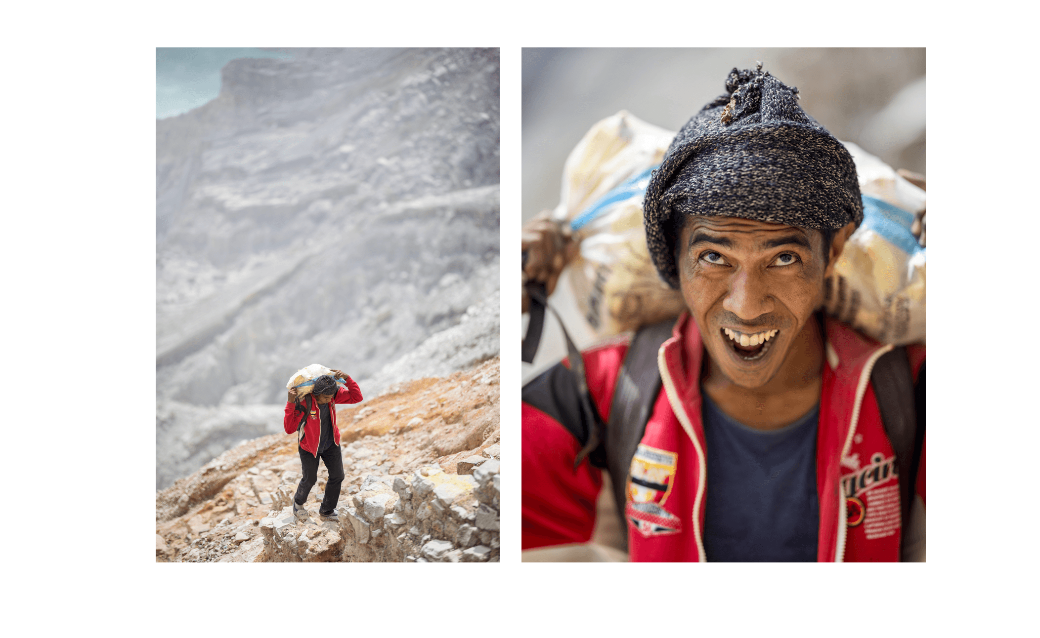 Voyage en Indonésie - portrait d'un porteur de soufre du Mont Ijen, son visage montre sa souffrance due à l'incroyable intensité de l'effort Voyage en Indonésie - portrait d'un porteur de soufre du Mont Ijen, son visage montre sa souffrance due à l'incroyable intensité de l'effort