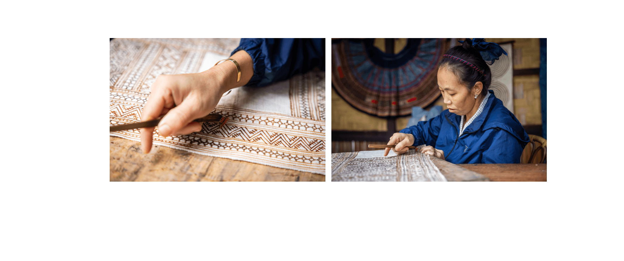 Voyage au Laos - artisane Hmong appliquant la cire d'abeille fondue sur toile blanche avec dextérité