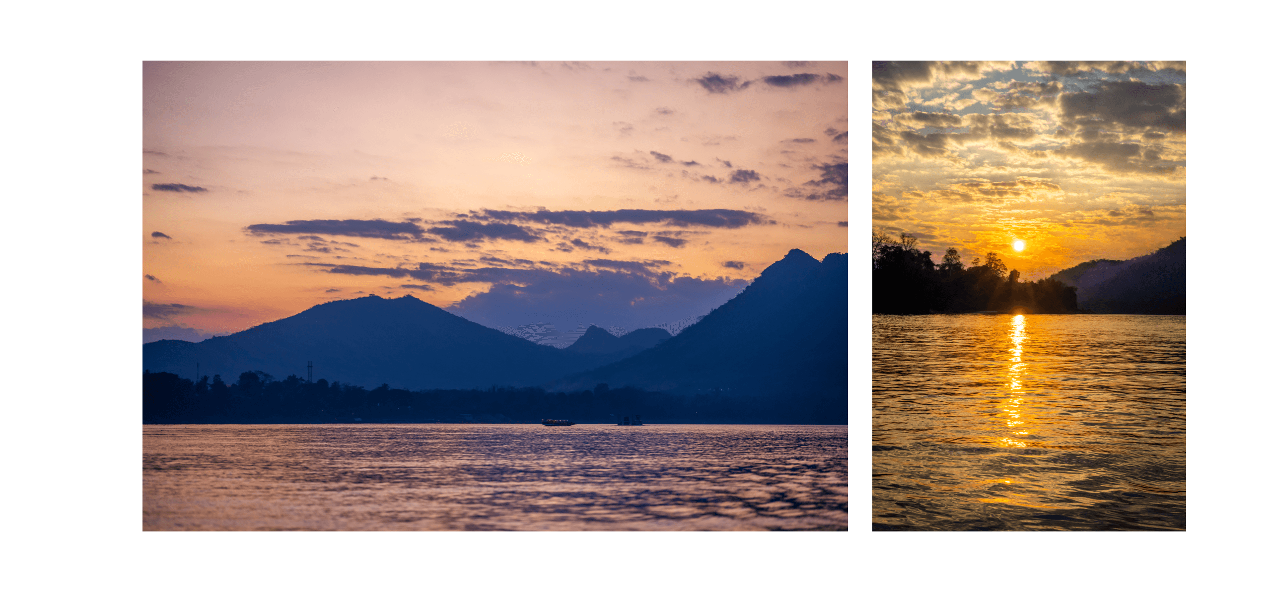 Voyage au Laos - sunset cruise sur le Mékong aux teintes dorées et orangées