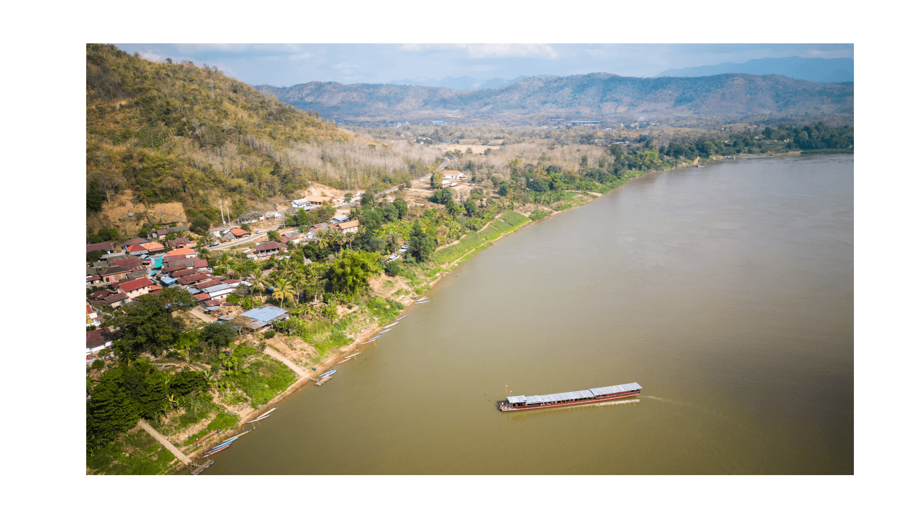 Voyage au Laos - fleuve Mékong majestueux vu de drone avec descente en bateau de Houei Sai à Luang Prabang