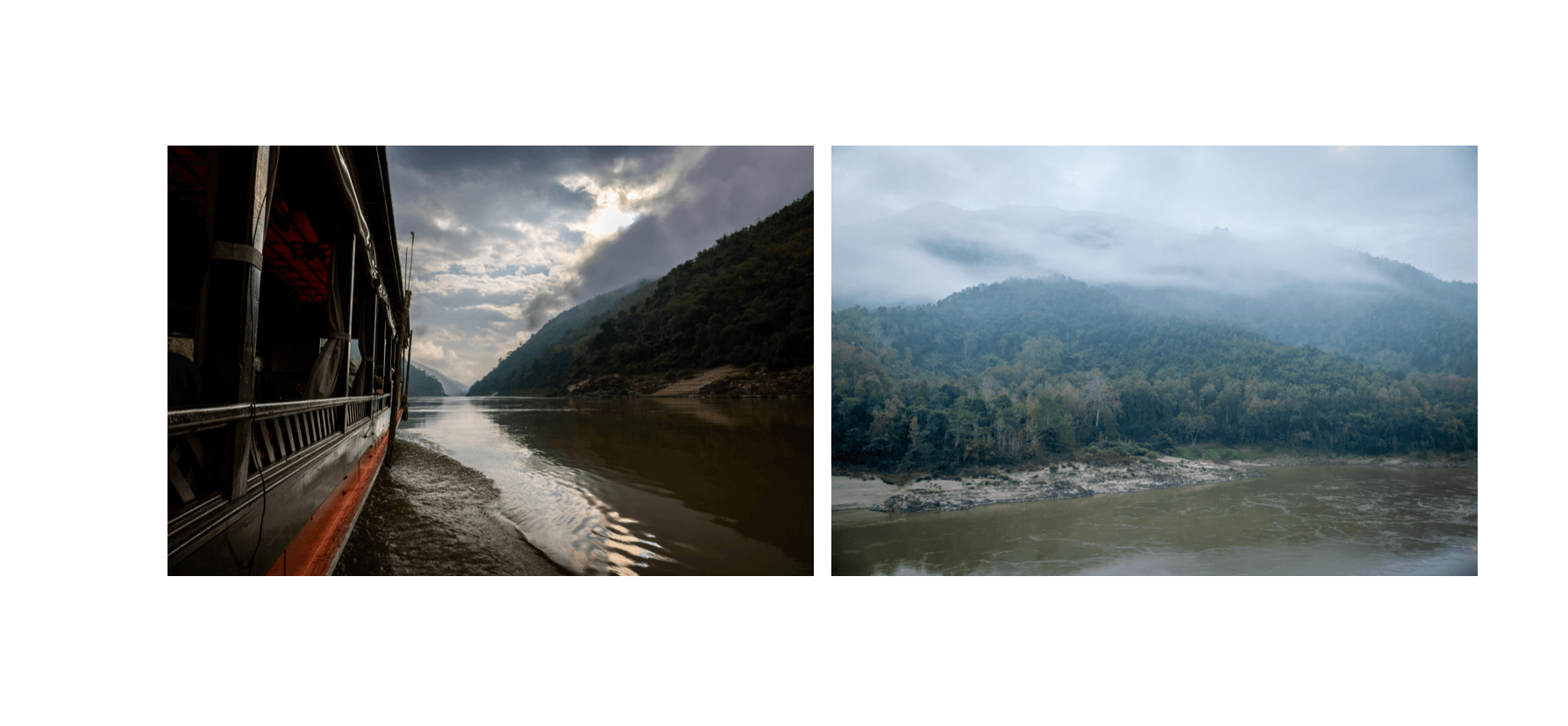 Voyage au Laos - montagnes du Mékong se profilent comme des ombres chinoises à l'aube