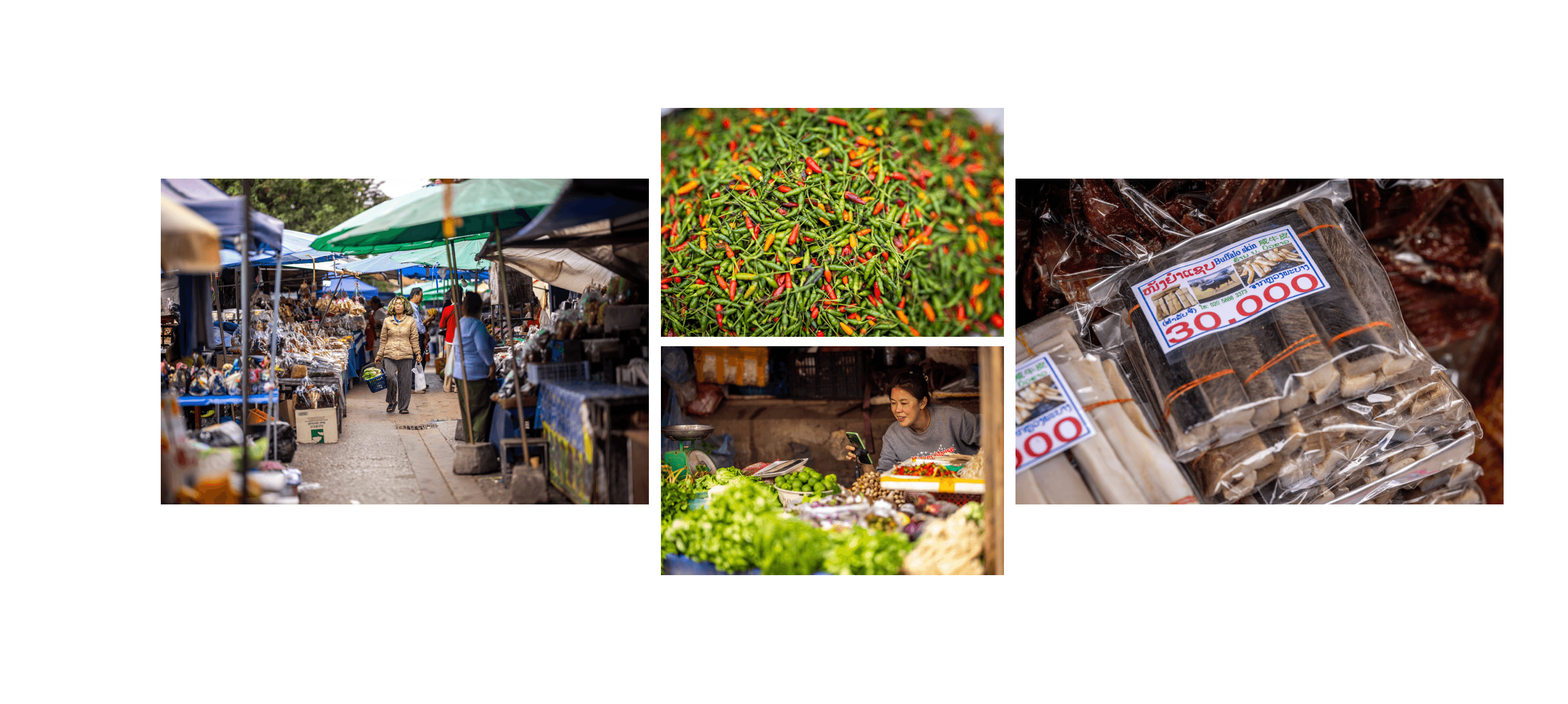 Voyage au Laos - Morning Market animé avec habitants achetant produits frais (ici notamment piment et peau de buffle séchée)