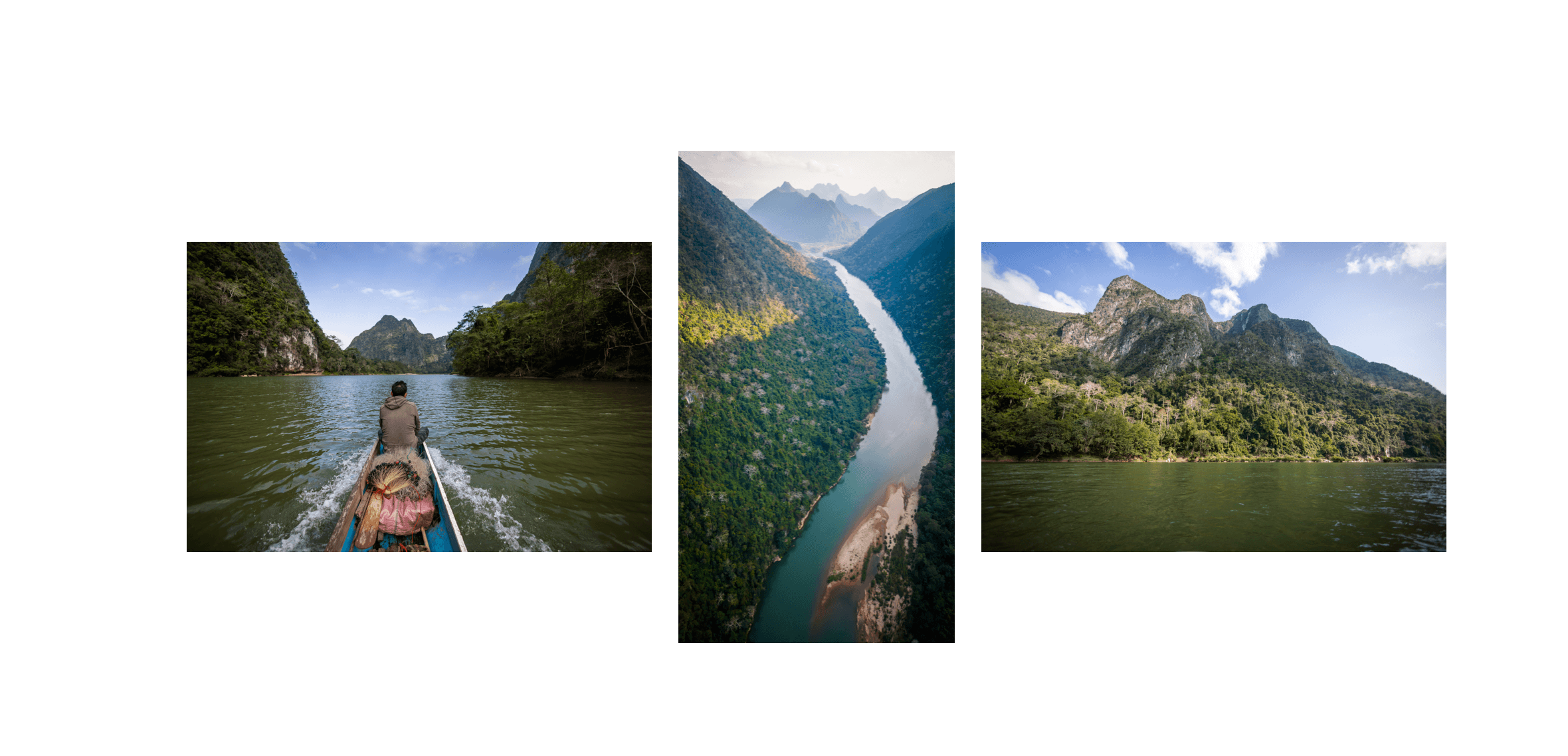 Voyage au Laos - navigation contemplative sur la Nam Ou entouré de montagnes karstiques couvertes de jungle dense, et vues de drone