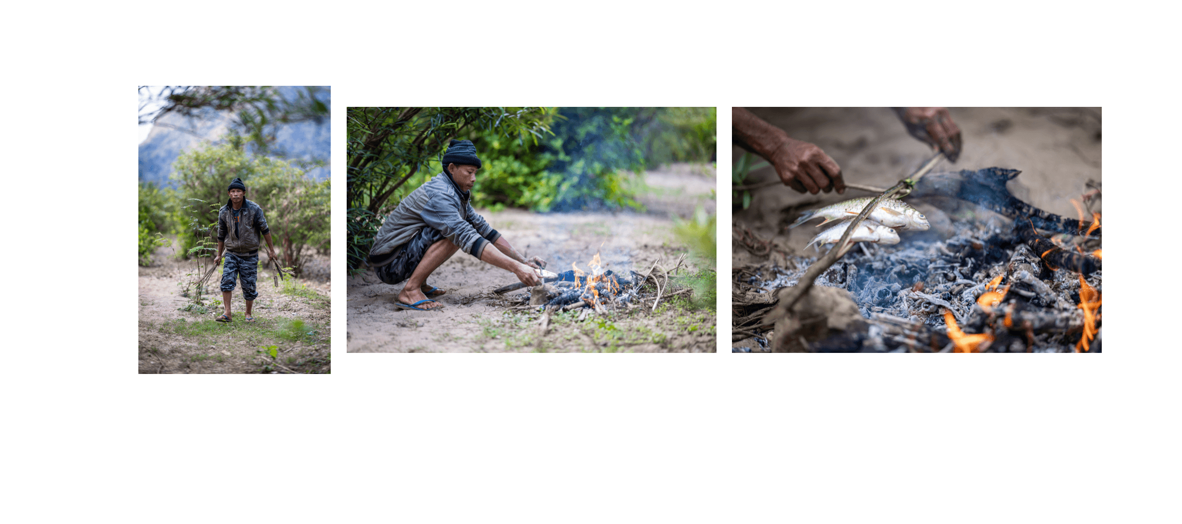 Voyage au Laos - poisson fraîchement pêché grillé sur un feu de bois établi sur la plage isolée