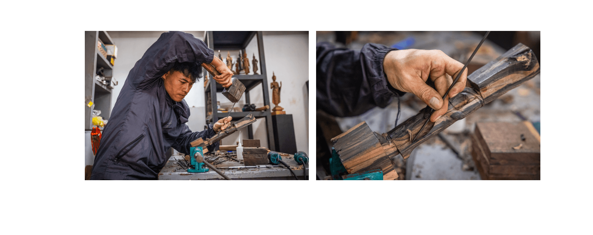 Voyage au Laos - sculpteur outillé de ciseaux de tailles variées travaillant le bois brut progressivement