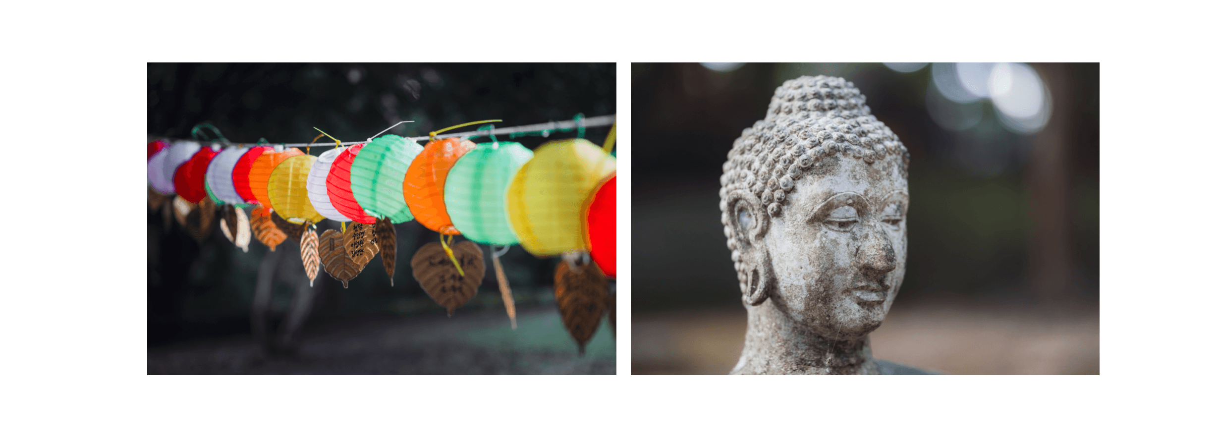 Voyage en Thaïlande - lanternes colorées et tête de Bouddha dans l’enceinte du Wat Umong à Chiang Mai